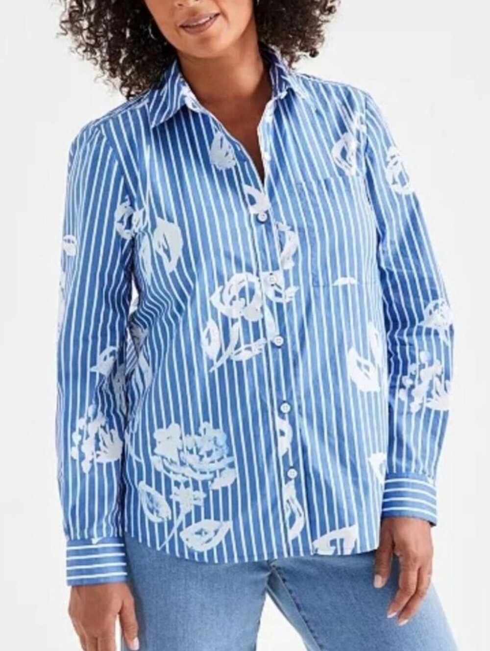Style & Co. Women's Blue Striped Floral Button-Down Shirt Boho Coastal Size PL